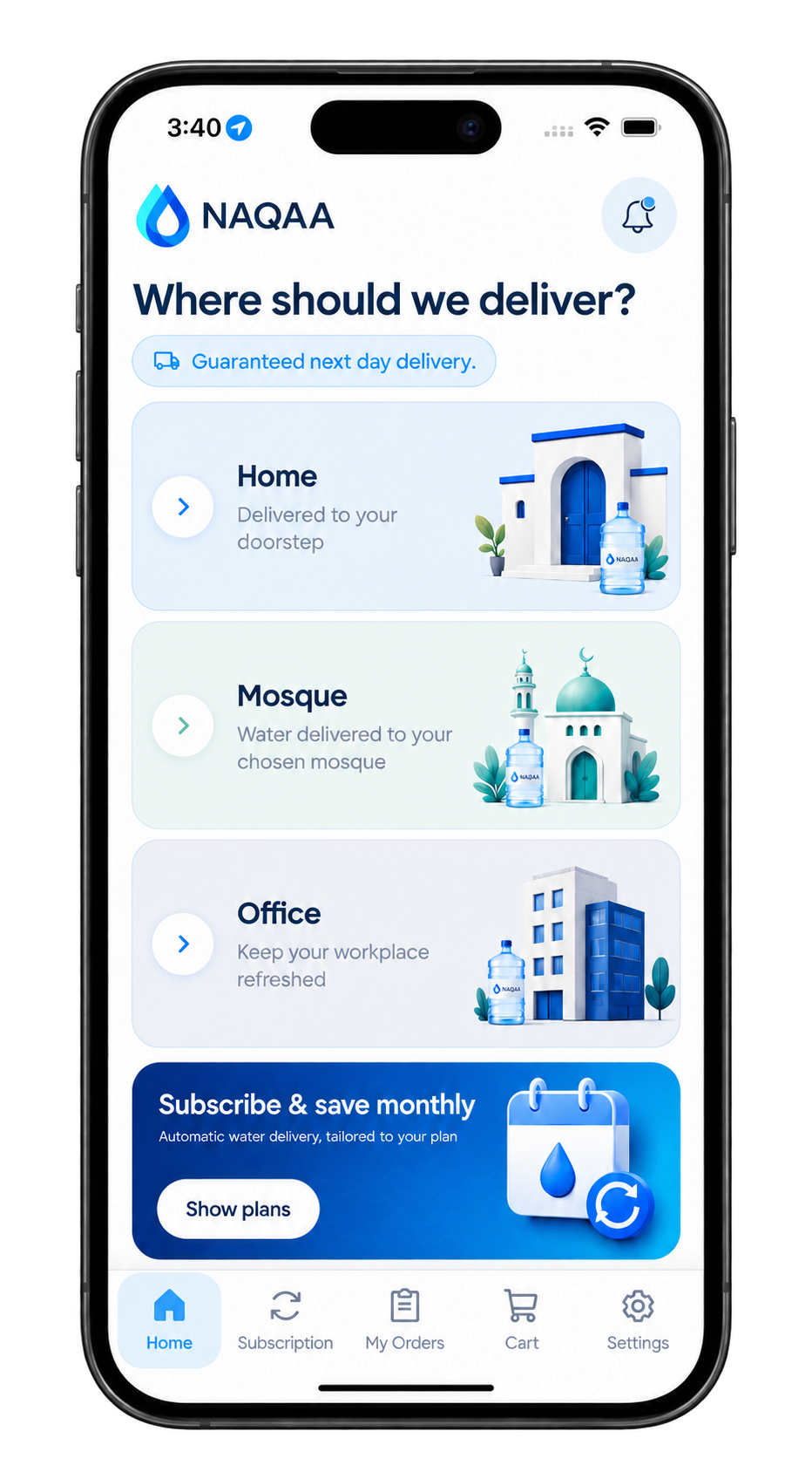 Naqaa app on iPhone showing home, mosque, and office delivery options